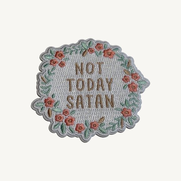 NEW Iron On Patch "NOT TODAY SATAN" Floral Cute Green & Pink - Picture 1 of 6